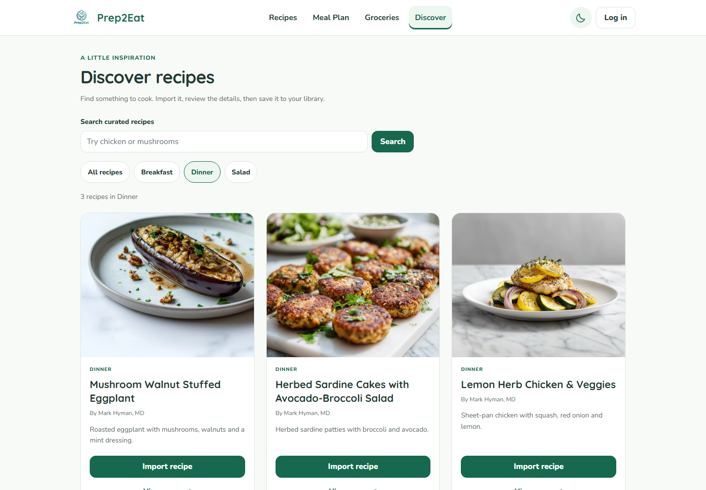 Prep2Eat recipe discovery page filtered to three dinner recipes